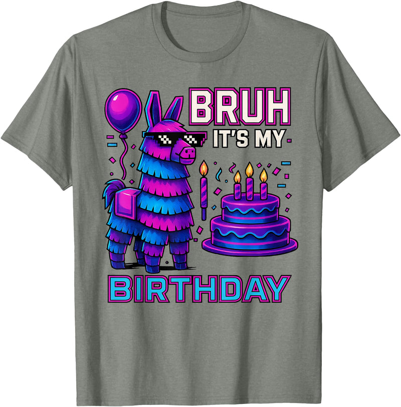 gaming gamer Birthday Llama Pinata Family Apparel Bruh It’s My Birthday Funny Llama Pinata Bday boy Kids Party T-Shirt - Olive Heather