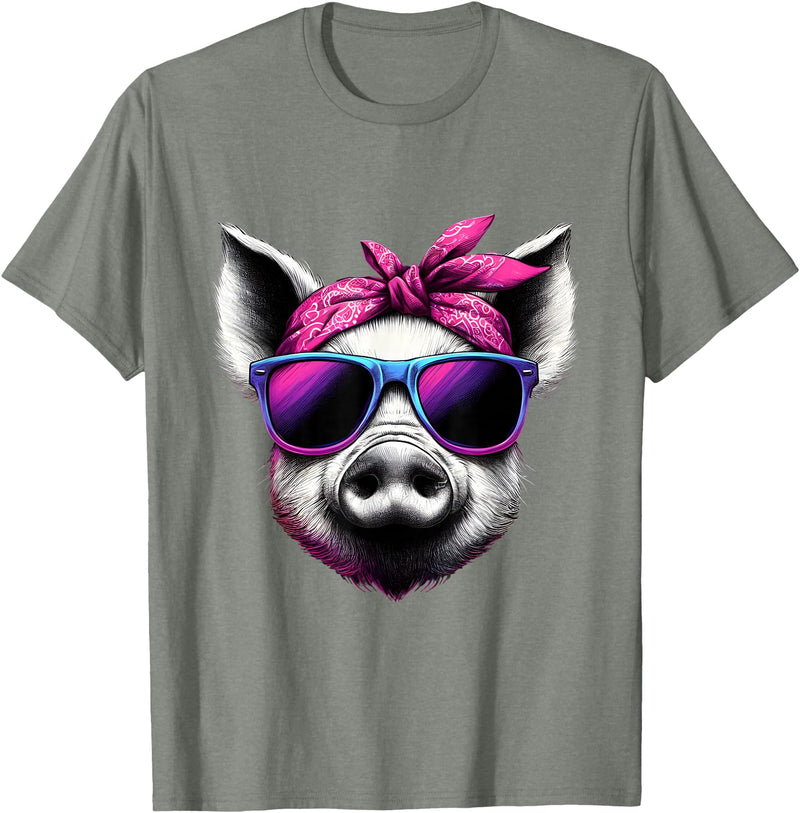 Fashionable Animals Wearing Pink Bandanas Pig Wearing Pink Bandana Headband and Sunglasses T-Shirt - Olive Heather