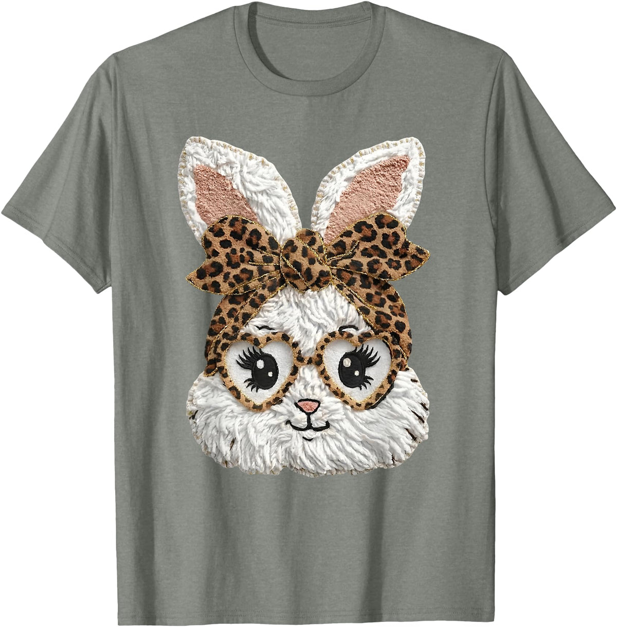 Happy Easter Funny Bunny Glasses Leopard Bandana Rabbit Face T-Shirt in Olive Heather