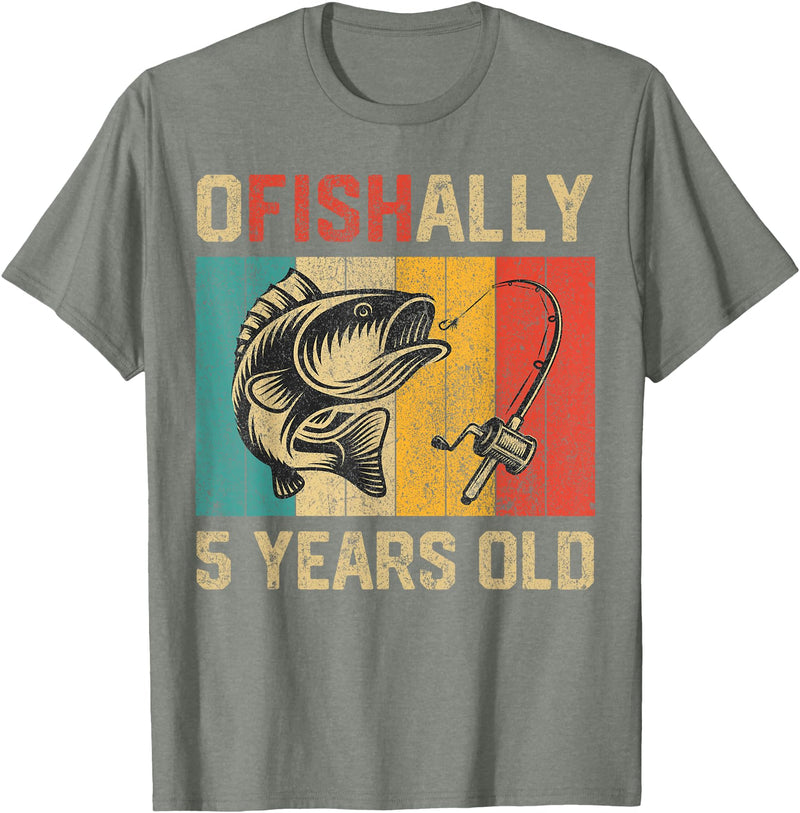 Vintage Fishing Fisherman Birthday Gifts Ofishally 5 Years Old Funny Fishing Birthday Fisherman T-Shirt - Olive Heather