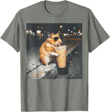 Hamster Drinking Iced Coffee Funny Animal Meme Men Women T-Shirt - Olive Heather