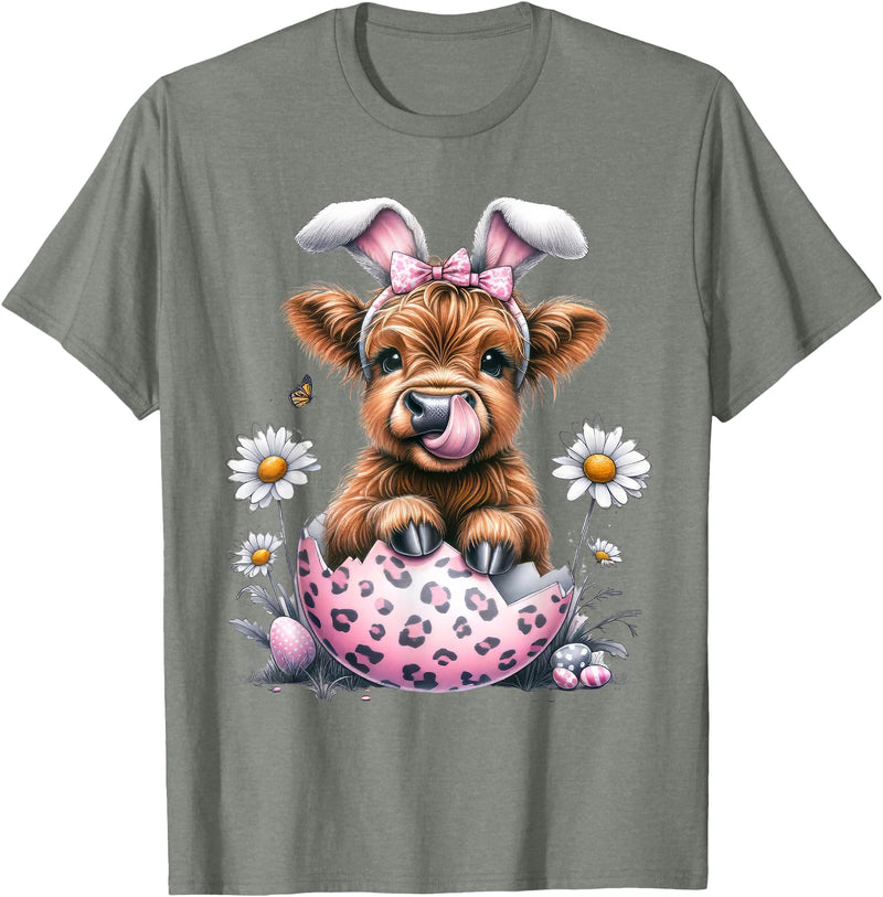 Funny Cow Easter Rabbit Cute Highland Cows Lover Easter Day T-Shirt - Olive Heather