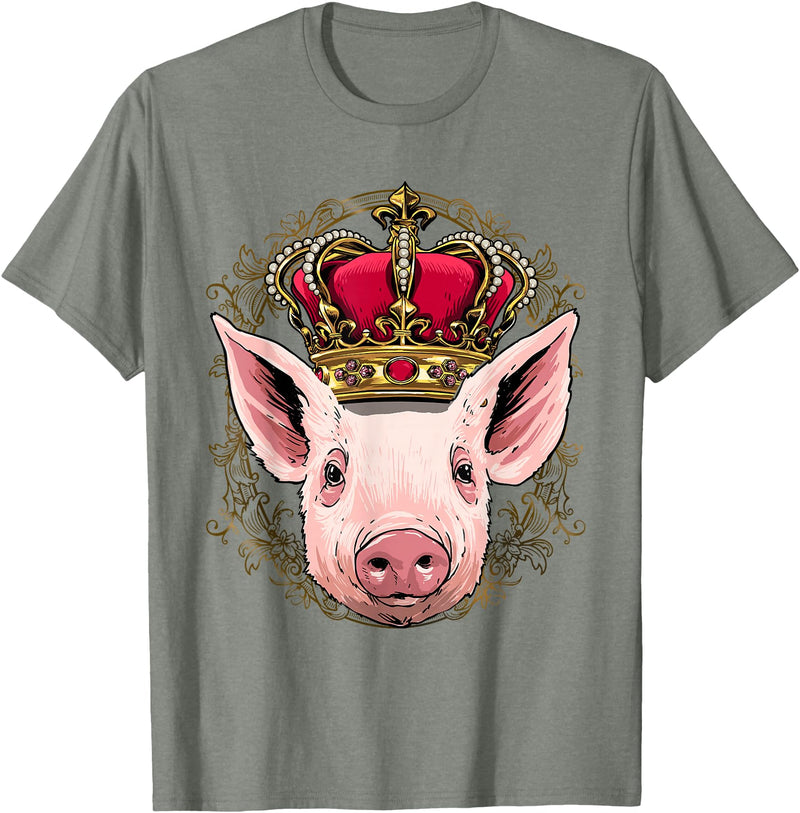Wowsome! King Pig Wearing Crown - Queen Pig Animal T-Shirt - Olive Heather