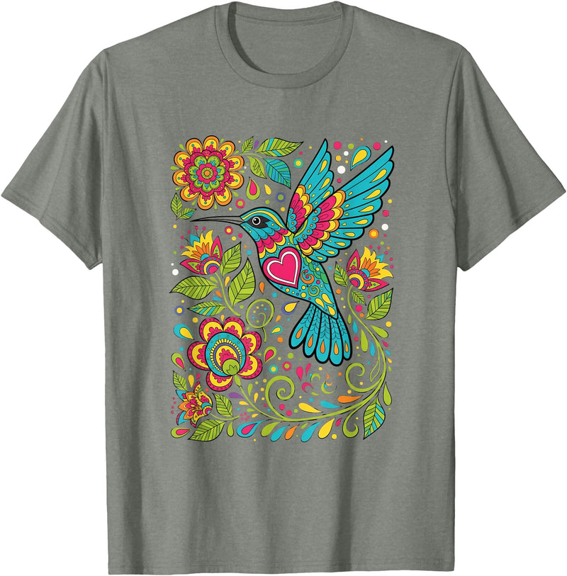FolkFlight Design Co Bird Hummingbird Floral Folk-Art Colorful T-Shirt - Olive Heather