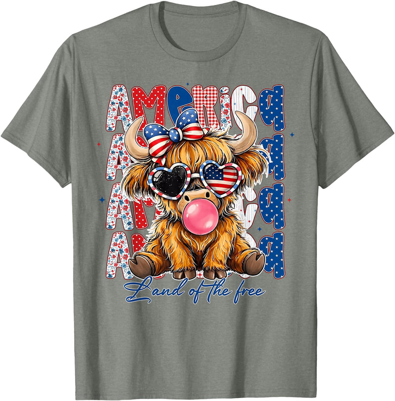 Cute Cow Creations Highland Cow 4th of July, Patriotic Cowgirl Bow Design T-Shirt - Olive Heather