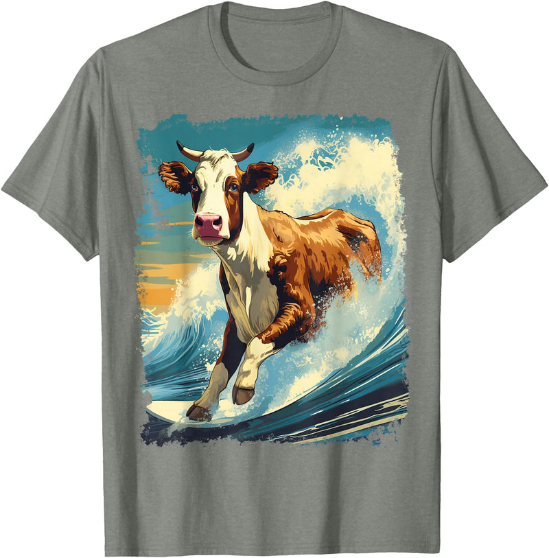 Noah&Friends Pop Art Colorful Cow Surfing T-Shirt - Olive Heather