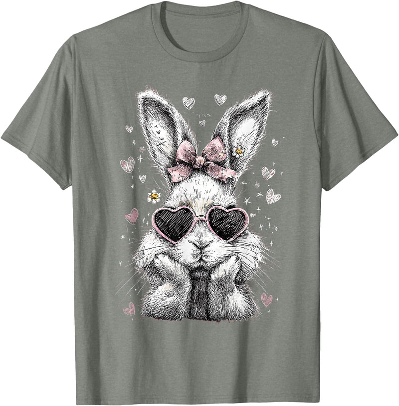 Funny Bunny Face Glasses Bandana Pink Rabbit Happy Easter T-Shirt in Olive Heather