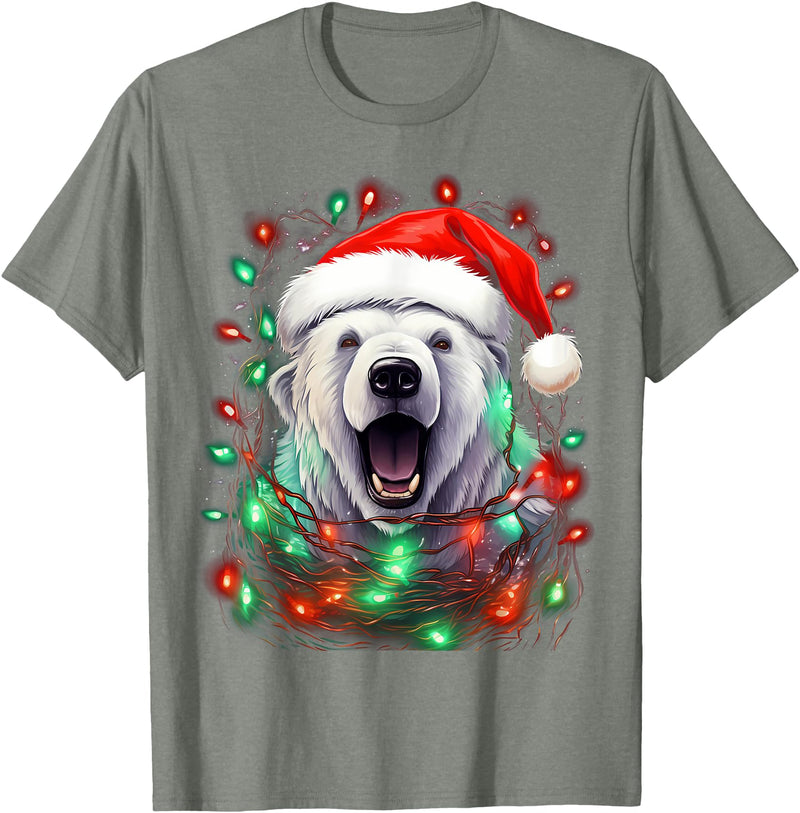 Polar Bear Christmas Costumes Xmas Polar Bear Tangled Christmas Lights T-Shirt - Olive Heather