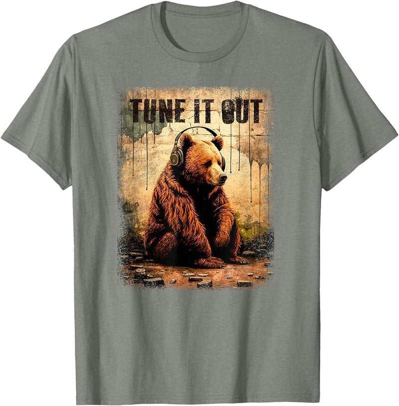 Tune It Out Bear - HQ Tune It Out Brown Bear With Headphones Grizzly Music Noise T-Shirt - Olive Heather