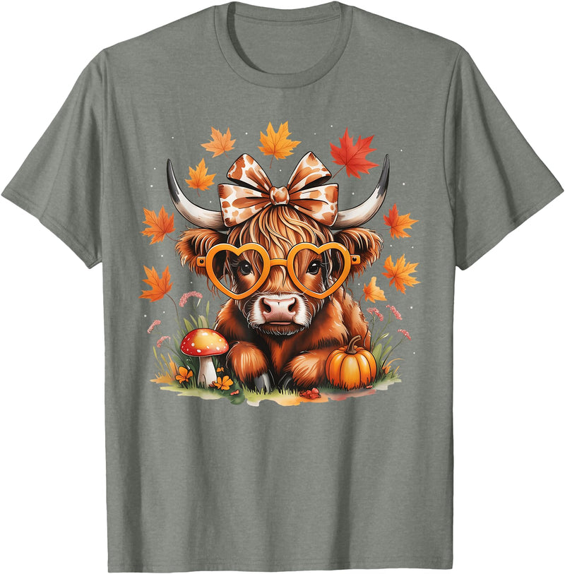 Fall Highland Cow Bow ThanksGiving Ades.shirt Fall Highland Cow Pumpkin Bow Thanksgiving Fall Girl Women T-Shirt - Olive