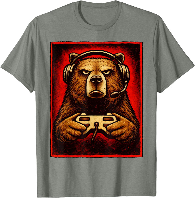 Funny Gaming Bear Gamer Graphic Gamer Bear Graphic Funny Gaming Animal Grizzly Bear Costume T-Shirt - Olive Heather