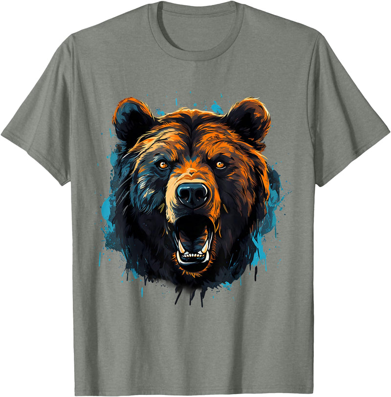 Forest Animal Art Bear Portrait Splash Forest Artwork Animal Lovers Motif T-Shirt - Olive Heather