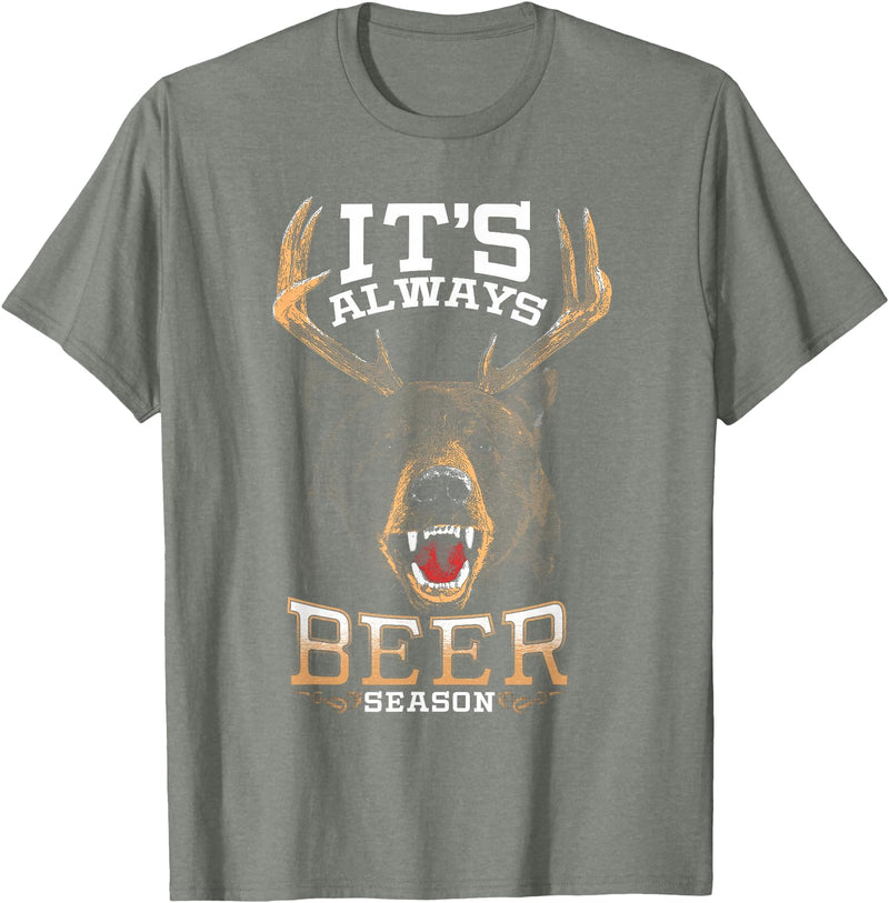 Hunted Apparel It's Always Beer Season Bear Deer Beer Funny Hunter Hunting T-Shirt - Olive Heather