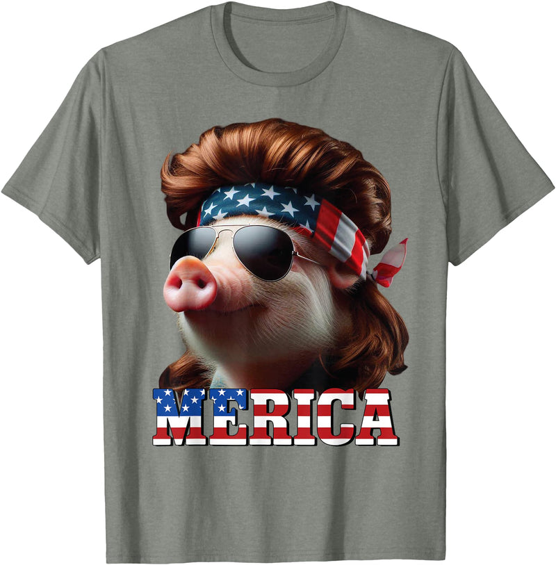 Funny Mullet Farm Pig Patriotic Pig Merica Mullet 4th of July And Father's Day Man Funny T-Shirt - Olive Heather