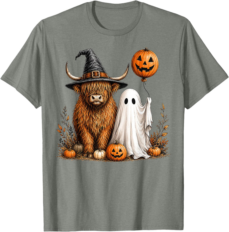 Fall Highland Cow Ghost Autumn Pumpkin Halloween Halloween Highland Cow, Spooky Highlander Cow Fall T-Shirt - Olive Heather