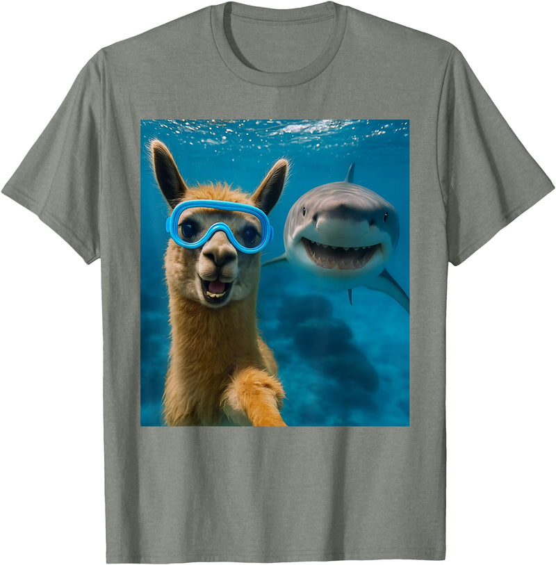 Selfie Llama and Shark Summer Scuba Diving Funny Llama Selfie with Shark Ocean Lovers T-Shirt - Olive Heather