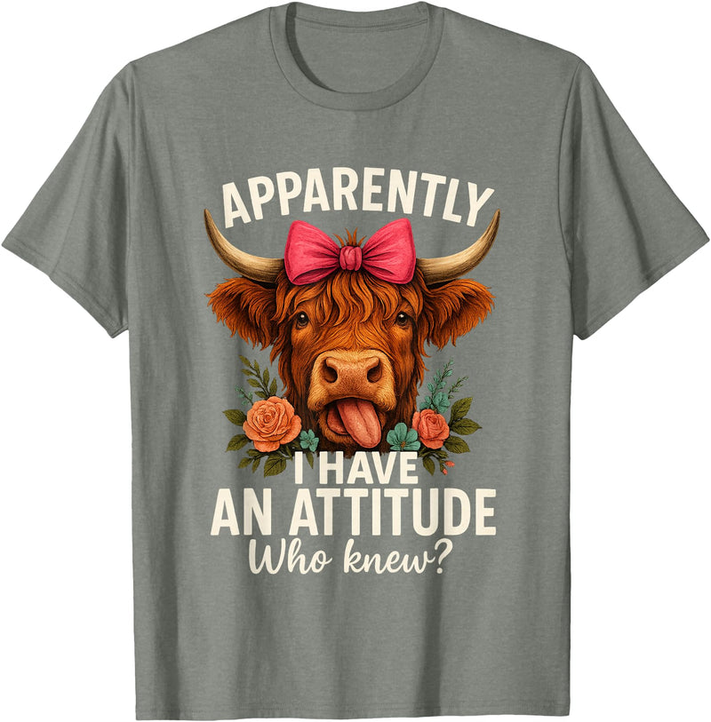 Mother's Day Gifts by LD Apparently I Have an Attitude Who Knew Sarcasm Highland Cow T-Shirt - Olive Heather
