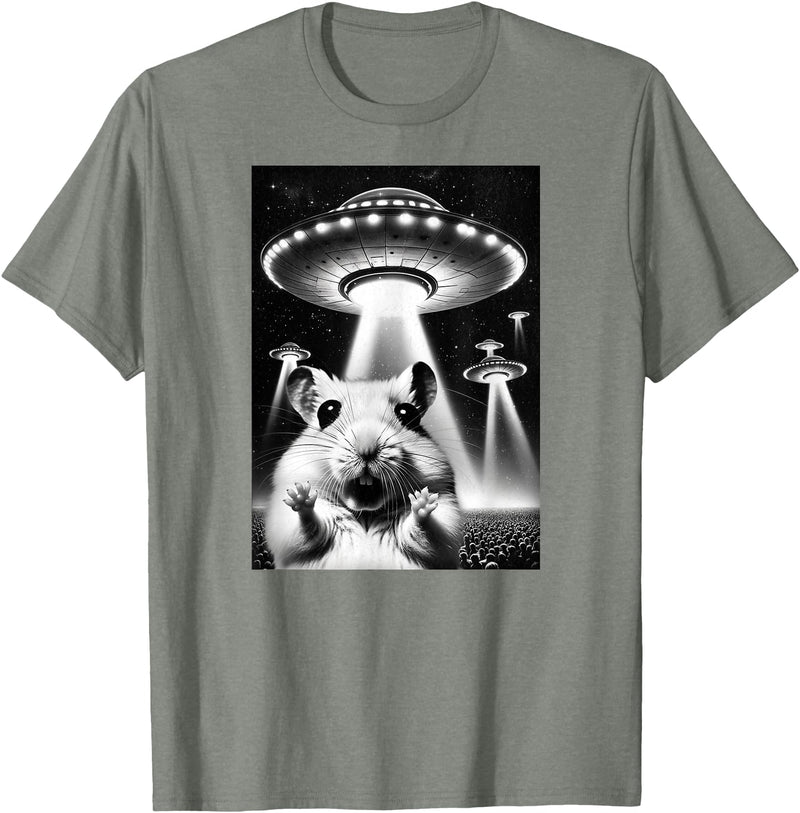 Hamster UFO | Funny Invasion Meme Alien Hamster UFO Selfie T-Shirt - Olive Heather