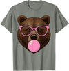 Bear Face Wearing Glasses Apparel For Women ladies Cute Bear Face Eating Gum and Makes Bubble Funny Bears Women T-Shirt - Olive Heather