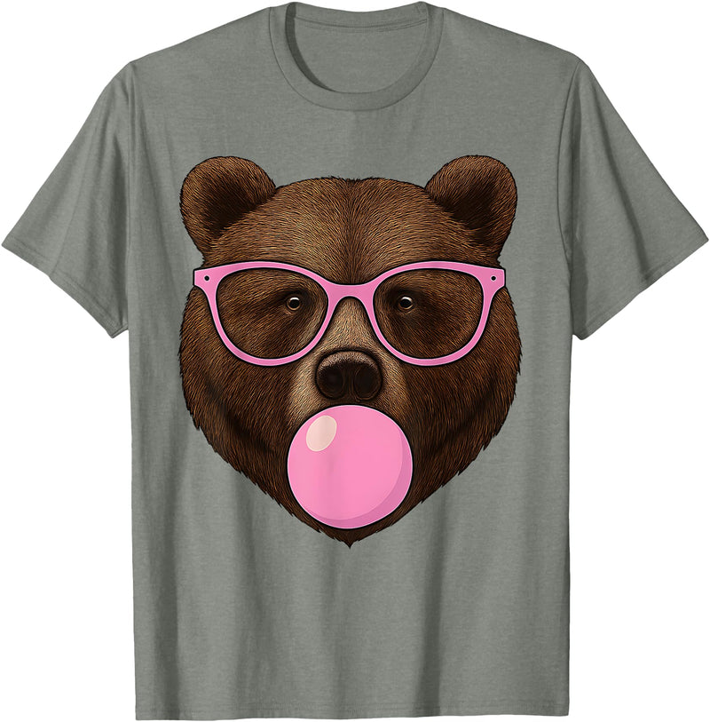 Bear Face Wearing Glasses Apparel For Women ladies Cute Bear Face Eating Gum and Makes Bubble Funny Bears Women T-Shirt - Olive Heather