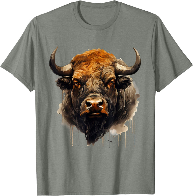 Safari Animal Art Buffalo Animal Print Portrait Bison Nature Artwork T-Shirt - Olive Heather