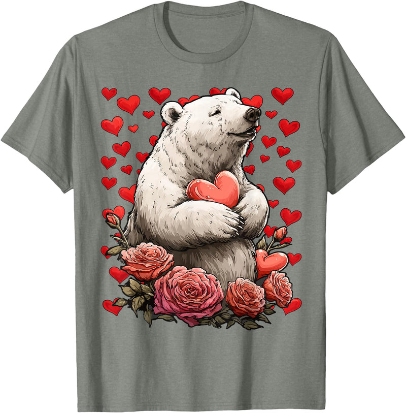 Romantic Animals Valentine’s Day Presents Cute Polar Bear with Red Roses Hearts Valentine’s Day Animal T-Shirt - Olive Heather