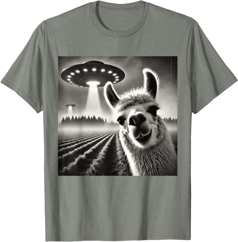 ÄLlamaAlpacaCo. Funny Llama Alpaca Selfie UFOs T-Shirt - Olive Heather