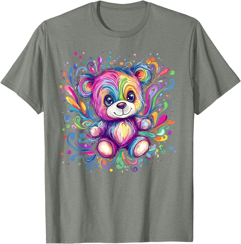 Vibrant Colorful Teddy Bear Illustration Rainbow Splash Teddy Bear T-Shirt - Olive Heather