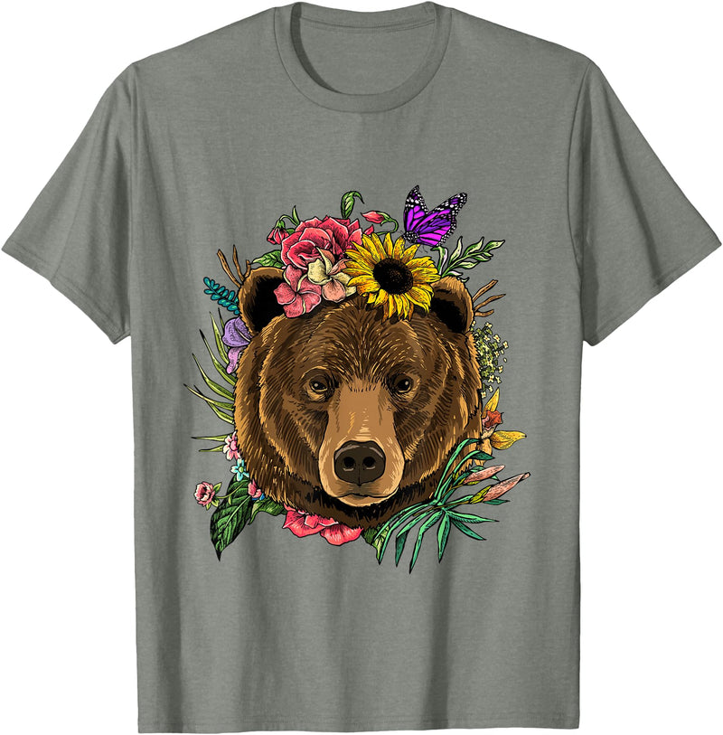 Wowsome! Bear Shirt Nature Floral Grizzly Bear Face Animal Bear Lover T-Shirt - Olive Heather