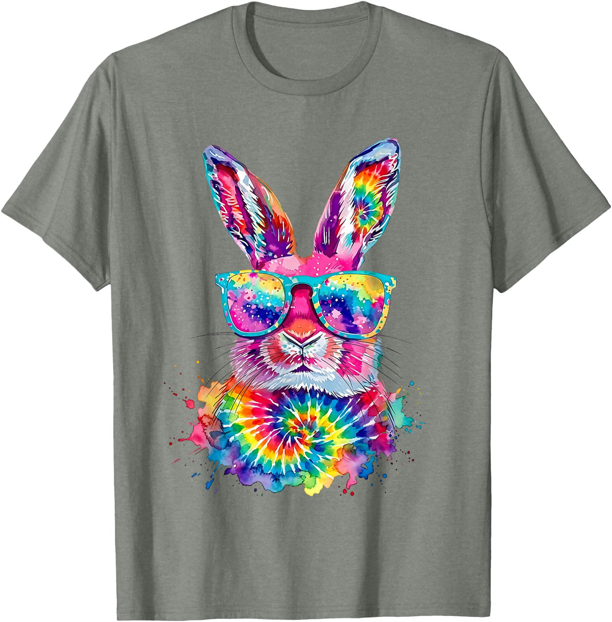 Bunny Face with Tie Dye Glasses Happy Easter Day Men Boy Kid T-Shirt in Olive Heather
