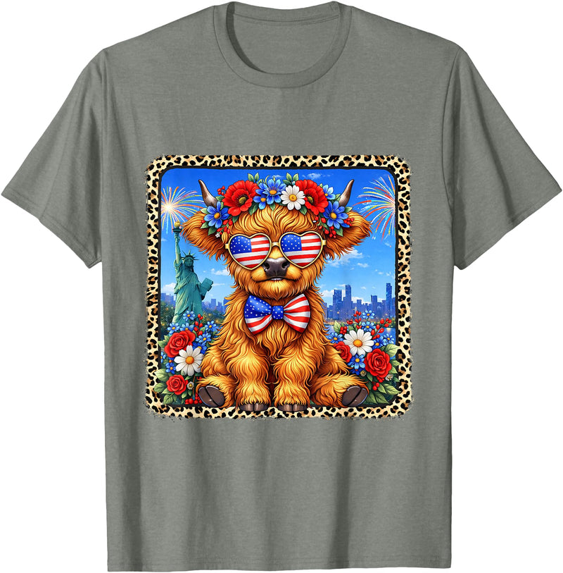 4th of July Apparel 4th of July Cow Patriotic Heart Glasses USA Floral Leopard T-Shirt - Olive Heather
