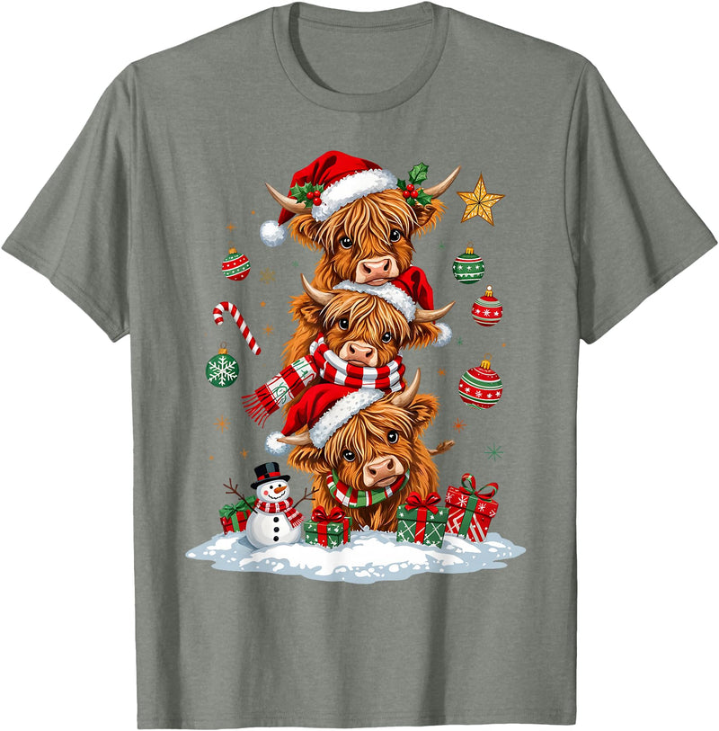 Highland Cow Christmas Winter Tree Farm Women Girl Funny Xmas Merry Moo Cows Highland Cow Christmas Snowman T-Shirt - Olive