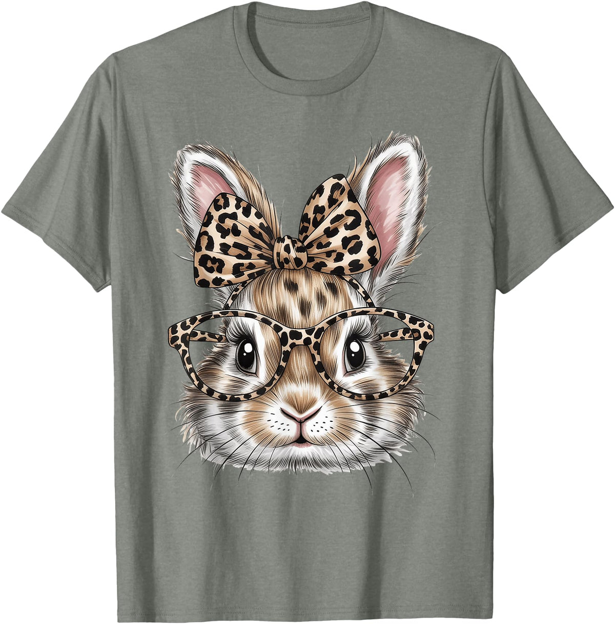 Bunny Face Glasses Bandana Leopard Rabbit Happy Easter T-Shirt in Olive Heather