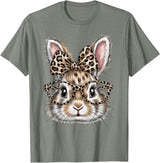 Bunny Face Glasses Bandana Leopard Rabbit Happy Easter T-Shirt in Olive Heather