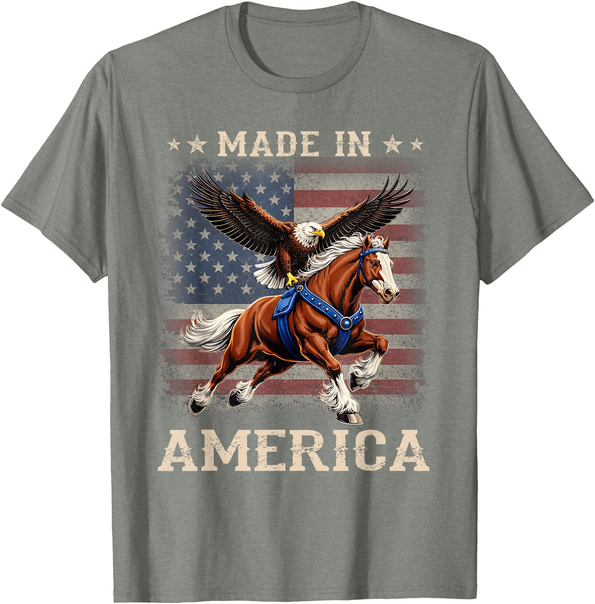 Made In America Patriotic Tees Made in America Western Horse Eagle USA Flag T-Shirt - Olive Heather
