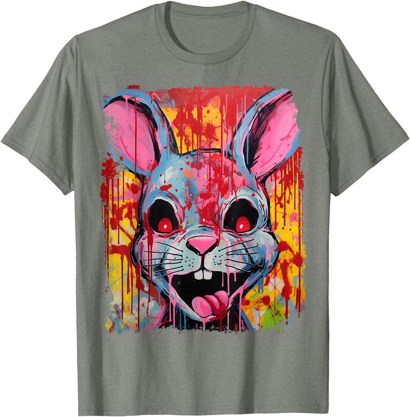 Pop Art Colorful Killer Bunny Rabbit Halloween T-Shirt in Olive Heather