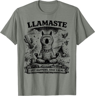 Llamaste Outdoor Society by The Maesthetics Llamaste Vintage Llama Meditation Outdoor Camping T-Shirt - Olive Heather