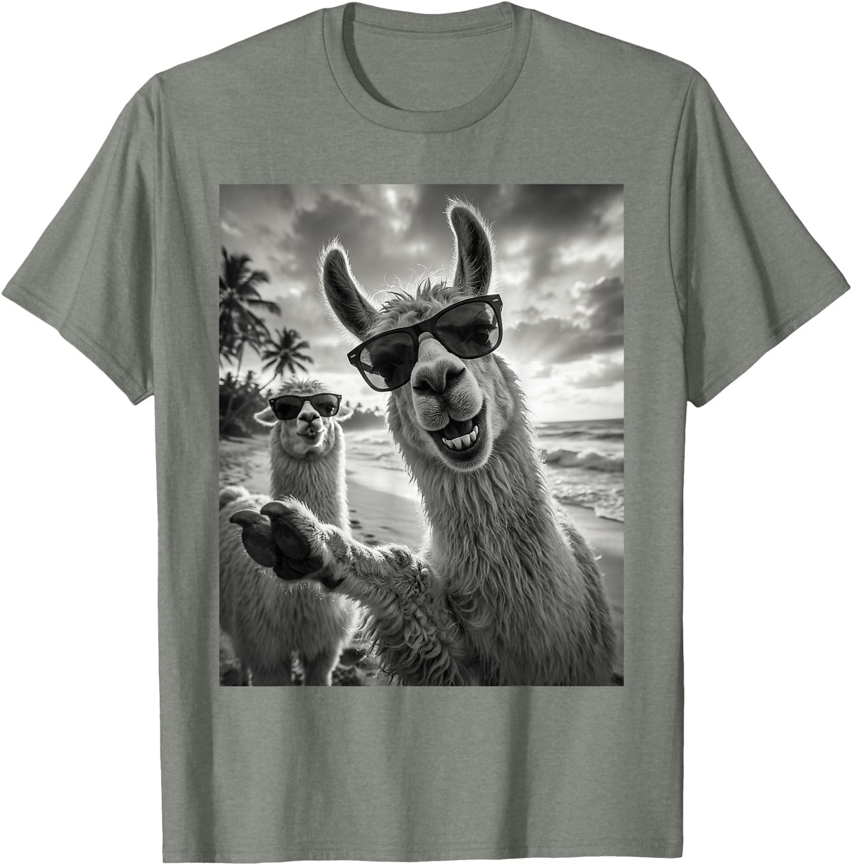 Funny Llama Stuff Accessories & Gifts Cool Llama Selfie At The Beach, Cute Llamas Alpaca T-Shirt - Olive Heather