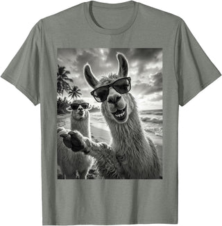 Funny Llama Stuff Accessories & Gifts Cool Llama Selfie At The Beach, Cute Llamas Alpaca T-Shirt - Olive Heather