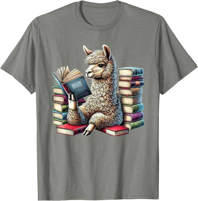 Llama Book Lover Llama Reading Book Reader Bookworm Alpaca Lover T-Shirt - Olive Heather