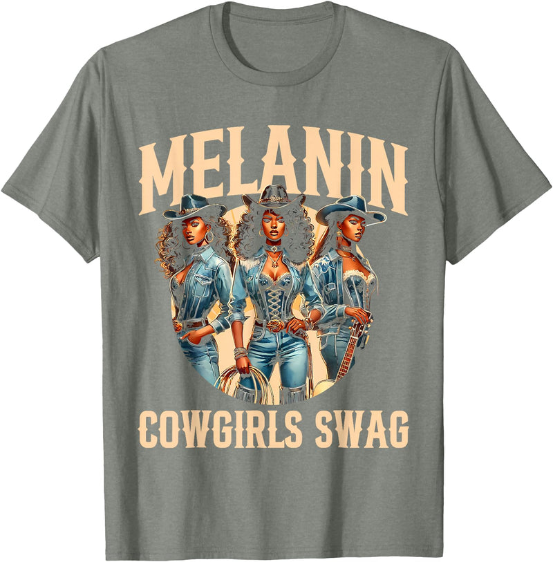 Funny Cowgirl Women Melanin Cow Girl Outfit Cowgirl for Women African Tee Melanin Cow Girl Outfit T-Shirt - Olive Heather