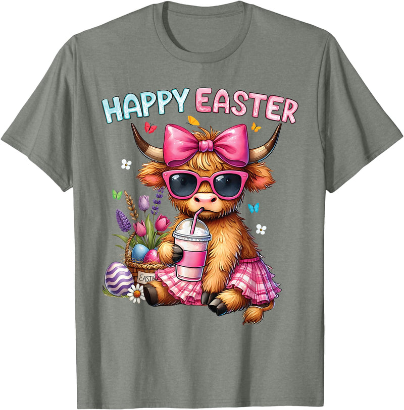 Farm Animal Highland Cow easter Gifts Happy Easter Day Highland Cow Cute Holiday Bunny Women Kids T-Shirt - Olive Heather