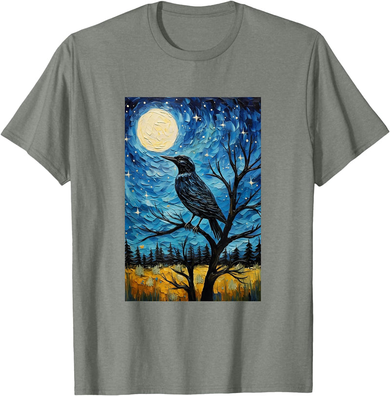 Bird Designs. Magpie Crow Raven Bird Van Gogh Style Starry Night Graphic T-Shirt - Olive Heather