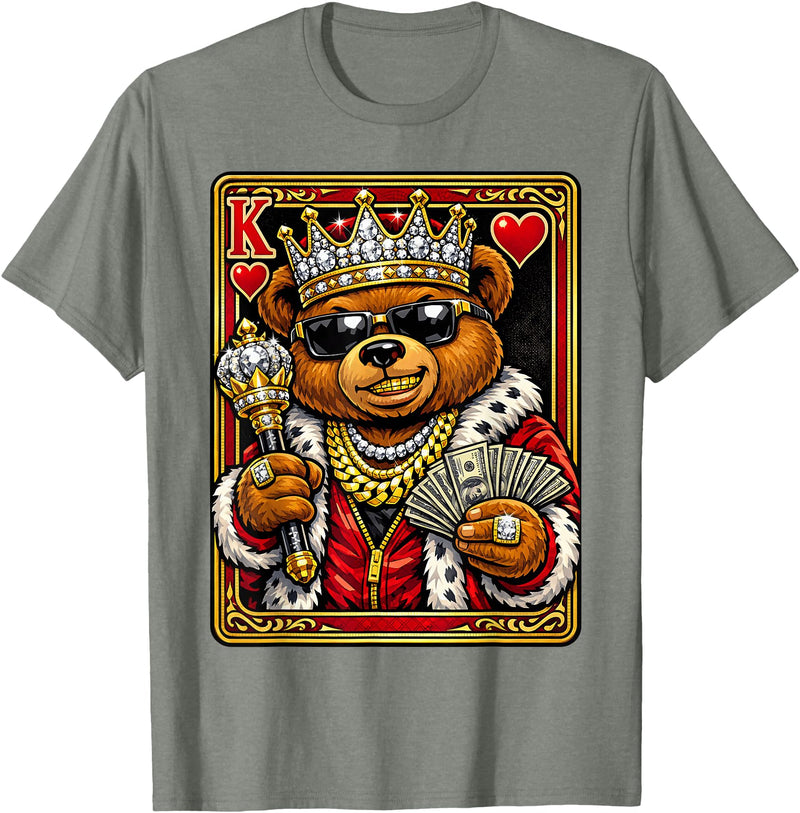 Teddy Bear King and Queen Matching Couples Designs King of Hearts Hip Hop Dripped Out Teddy Bear Hustle Money T-Shirt - Olive Heather