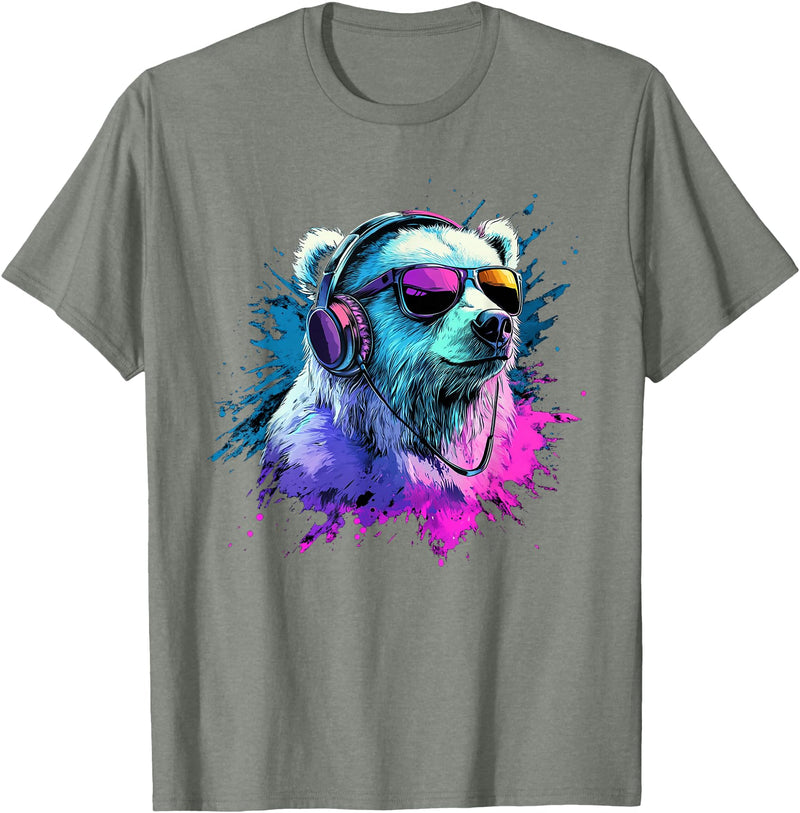 Colorful Artistic Polar Bear Animal Motifs Polar Bear Colorful Music Headphones Artistic Polar Bears T-Shirt - Olive Heather