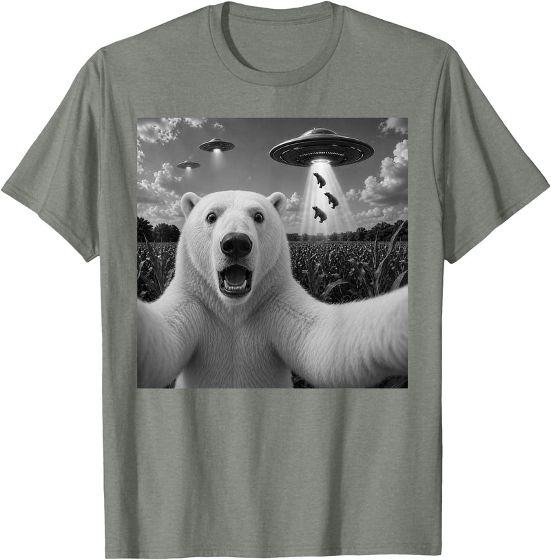 Retro Polar Bear Selfie with UFOs Meme Polar Bear Selfie with UFO Alien Funny T-Shirt - Olive Heather