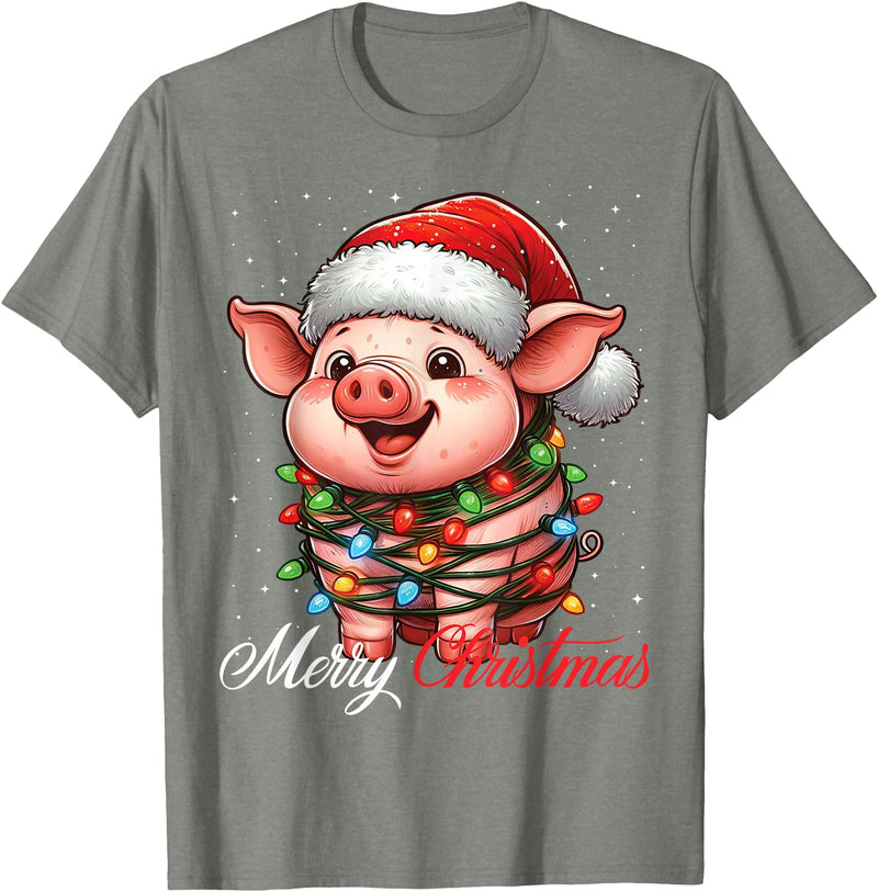 Wrapped with Christmas Lights Merry Christmas Pig Merry Christmas Lights Santa Hat Xmas Snow T-Shirt - Olive Heather