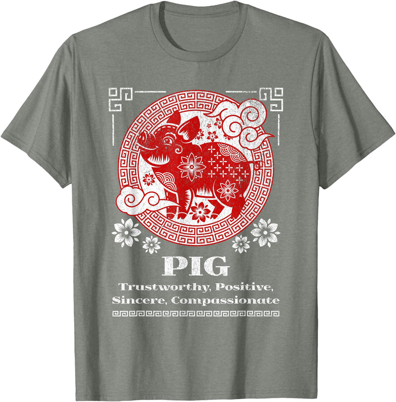 Chinese Zodiac Pig T-Shirt - Red, Small, Short Sleeve, Mandarin Collar, Unisex-Adult - Olive Heather