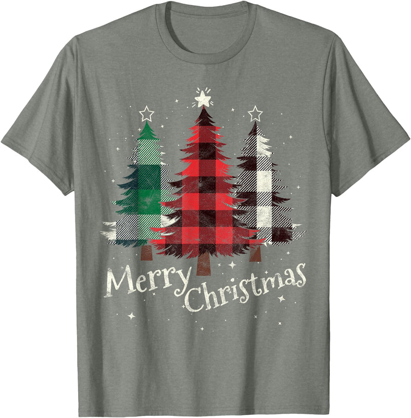 Merry Christmas Apparel Matching Family Clothes Merry Christmas Three Xmas Trees Buffalo Plaid Woman Gift T-Shirt - Olive