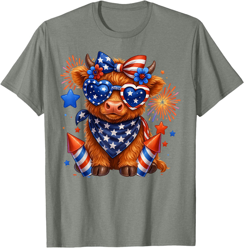Cute Highland Cow 4th of July USA Flag Patriotic Cow Farmer T-Shirt - Olive Heather